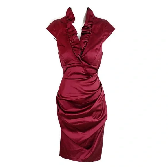 Xscape | Dresses | Xscape Wine Burgundy Sheen Ruffle Collar Dress | Poshmark